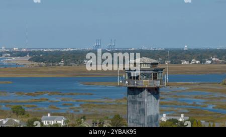 Aerial view of the Charleston Light Lighthouse on Sullivans Island, South Carolina Stock Photo