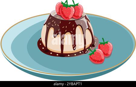 Chocolate Panna cotta with strawberries on a plate vector illustration Stock Vector