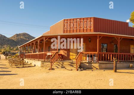 The. Red Dog Saloon in Pioneertown, California. Established in 1946, the Red Dog Saloon was a mainstay in a handful of notable Western films, quickly Stock Photo