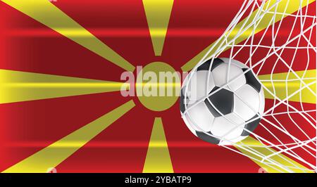 Soccer or Football ball in Goal Net Isolated on North Macedonia Shaded Flag, Sports Accessory Equipment for Playing Game, Championship and Competition Stock Vector