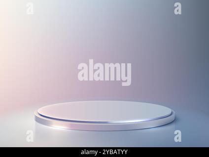 Minimalist 3D podium features a soft, iridescent background with lighting. The reflective surface and depth make it perfect for modern product display Stock Vector