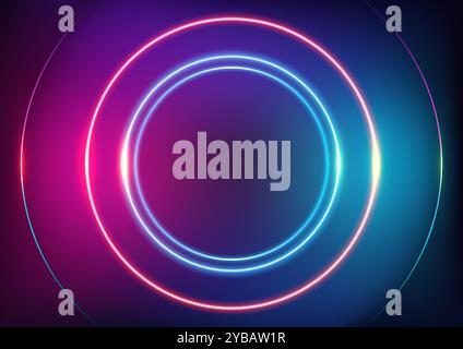 Vibrant neon backdrop features glowing concentric circles in pink and blue, set against a dark background, perfect for futuristic technology concepts Stock Vector