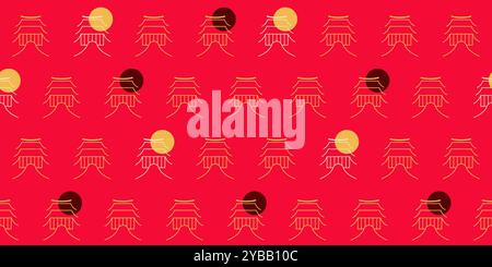 Simple seamless pattern, castle and sun in golden and red tones Stock Vector