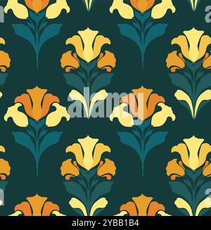Vector decorative art nouveau pattern with irises, lilies and freesias. Texture with yellow and orange flowers on green background. Floral surface des Stock Vector