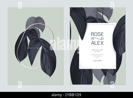 Foliage wedding invitation card template design, dark blue leaves on light green Stock Vector