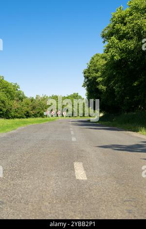 Signal turn right on country road. Nice view. Stock Photo