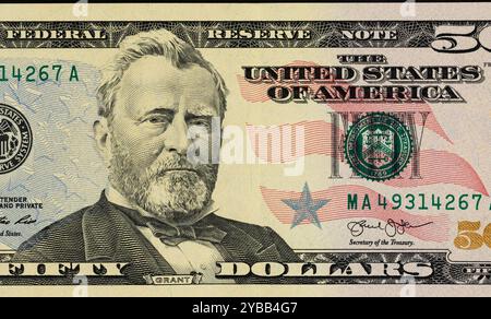 Close-Up of Ulysses S. Grant Portrait from U.S. $50 Dollar Bill Stock Photo