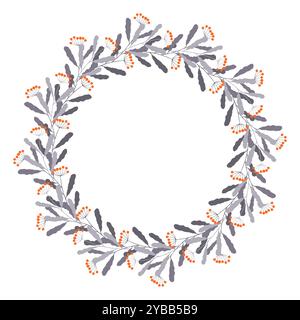 Winter cold floral wreath design featuring twigs and berry arranged in circular pattern against white background. Vector illustration Stock Vector