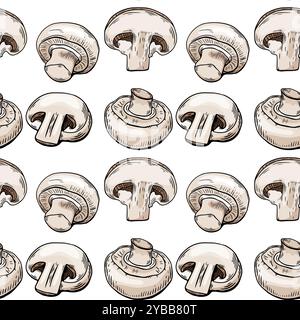 Seamless pattern, sketch of a champignon mushroom, color engraving. Hand drawing Stock Vector