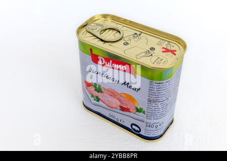 Lefkada, Greece- 10.10.2024. A tin of Lidl own brand Dulano luncheon meat isolated on white. Stock Photo