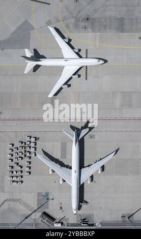 View from above airplanes on airport tarmac and runway Stock Photo