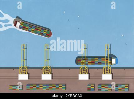 View from above container ships in harbor with cranes Stock Photo