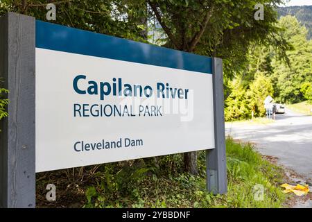 Vancouver, Canada - September 25,2022:This image shows the entrance sign for Capilano River Regional Park, specifically highlighting the Cleveland Dam Stock Photo