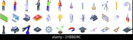 Stem education icons set. Large set of icons showing students, teachers and various science related objects Stock Vector