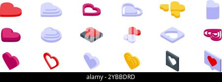 Heart shape podium icons set. This set of various hearts is perfect for representing love and affection in a modern and trendy isometric style Stock Vector