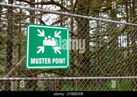 A green muster point safety sign displayed on a chain-link fence in a forested area, indicating an emergency assembly point for public safety in North Stock Photo