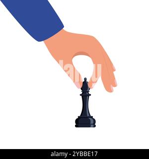 Hand holding chessman piece bishop. Playing chess. Chess game tournament, thinking intelligence competition. Vector illustration Stock Vector