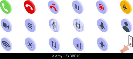 End call icons set. Hand is using a smartphone with a variety of app buttons in an isometric view Stock Vector