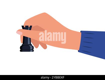 Hand holding chessman piece rook. Playing chess. Chess game tournament, thinking intelligence competition. Vector illustration Stock Vector