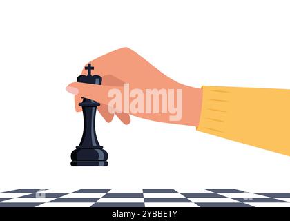 Hand holding chessman piece king. Playing chess. Chess game tournament, thinking intelligence competition. Vector illustration Stock Vector
