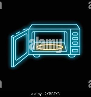 Blue neon microwave oven with open door and empty rotating plate inside Stock Vector