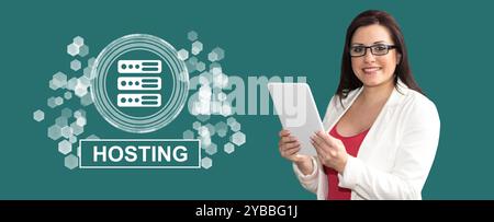 Woman using digital tablet with hosting concept on background Stock Photo