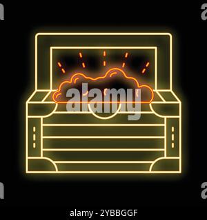 Glowing neon line art illustration of a treasure chest opening and releasing glimmering light beams Stock Vector