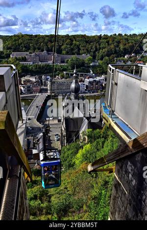 Dinant and the Collegiate Church of Our Lady of Dinant as seen from the cable car station at the Citadel, Dinant, Belgium Stock Photo