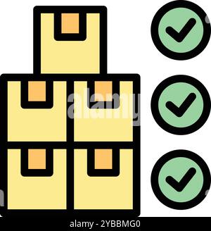Simple icon of cardboard boxes stacked and ready for shipping with three validation checkmarks Stock Vector