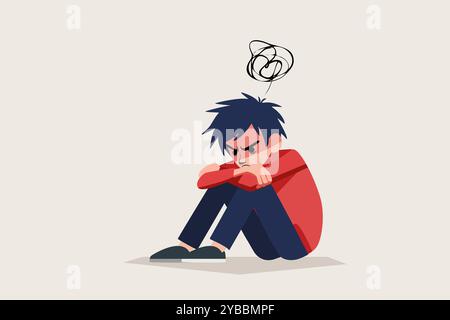 mental health concept , angry man - boy, sitting on floor, hugging knees , mix feeling of nervous, depressed, sad , cry. cartoon Stock Photo