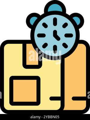 Alarm clock is sitting on cardboard box representing fast delivery for online order Stock Vector