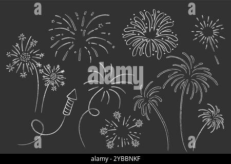 Fireworks and rocket, salute with burst, light and festive explosions in doodle style. Hand drawn sparks, firecracker on white background. Party, celebrations, event. Vector illustration Stock Vector