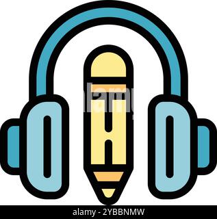 Headphones holding a pencil, symbolizing the concept of audio learning and education Stock Vector