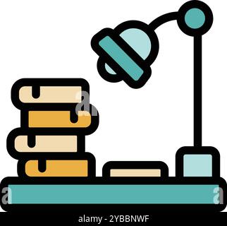 Modern desk lamp is illuminating a stack of books on a shelf, creating a cozy and studious atmosphere Stock Vector