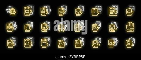 Bright yellow neon icons depicting different types of protective gloves on a dark background Stock Vector