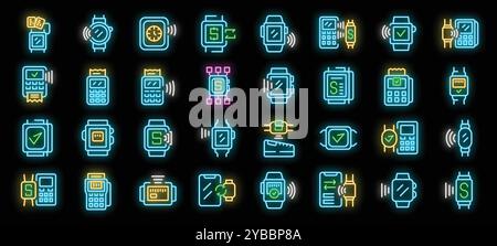 Neon glowing icons of smart watches making contactless nfc payments at pos terminals, showcasing various payment methods Stock Vector