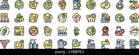 Icons depicting concepts such as carbon dioxide emission, reducing co2 footprint and fighting climate change Stock Vector