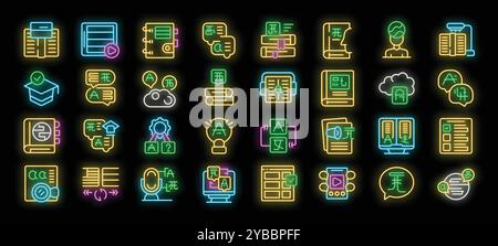 Foreign language learning and translation neon icons set vector. Foreign language educational books and dictionary, mobile translator application and linguist illustrations Stock Vector