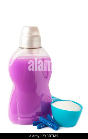 Laundry detergents with washing powder isolated on white background. Top view Stock Photo