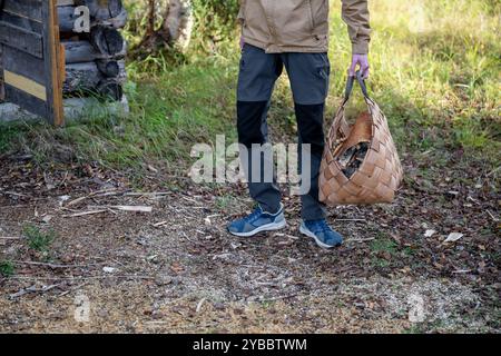 Man with firewood in basket Stock Photo