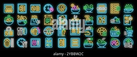 Healthy food delivery service neon icons set vector. Organic food and vegetarian grocery delivery, smartphone app for order and diet planning illustrations Stock Vector