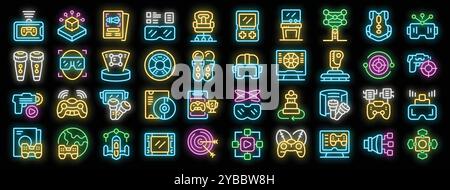 People playing games using virtual augmented reality neon icons set, vector illustration Stock Vector