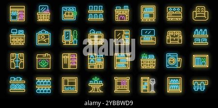 Glowing with vibrant colors, this set of neon icons illuminates various home furniture pieces Stock Vector