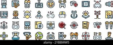 People playing games using virtual reality technology and devices icon set in thin line style Stock Vector