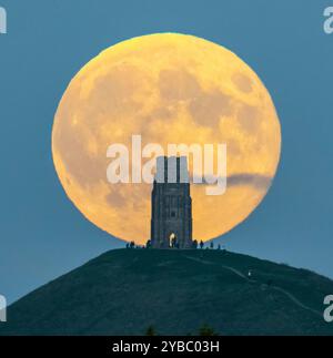Glastonbury, Somerset, UK.  17th October 2024.  UK Weather.  The full Hunters supermoon dwarfs St Michael’s Tower on Glastonbury Tor in Somerset as it rises up from behind the landmark as a crowd of people gather on top of the hill to watch. Picture Credit: Graham Hunt/Ģ����ý Live News Stock Photo