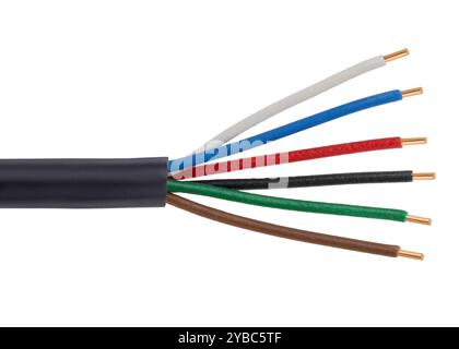 Close up of multi-colored electrical wires with copper tips. Six Wire Stock Photo