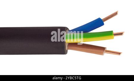 Close up of insulated electrical cable with exposed three copper wires. Stock Photo