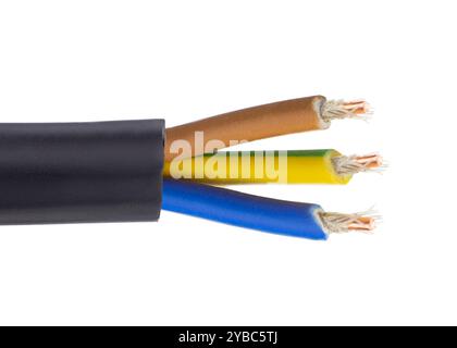 Close up of multi-colored electrical wires with exposed copper strands. Three wire Stock Photo