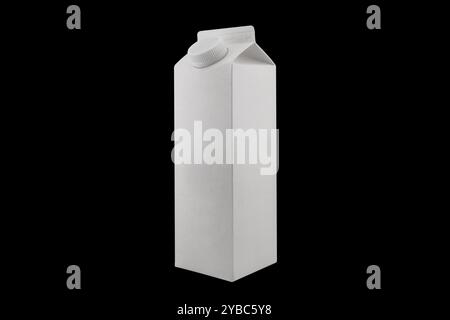 Milk box or juice box carton packages Blank white. Paper cardboard brick package for beverage diary products. Retail package mockup isolated on black Stock Photo