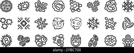 Immune system cells icons set. Set of simple black and white line icons featuring various microbes and bacteria Stock Vector